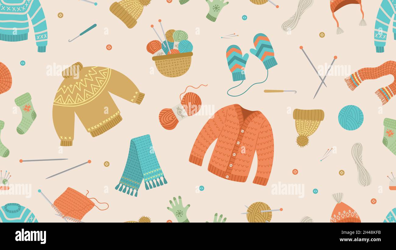 Strickmuster. Handgemachte Kleidung, Pullover, Winterhut und Schal. Strickzubehör und -Werkzeuge, Wollfäden Vektor nahtloses Muster Stock Vektor