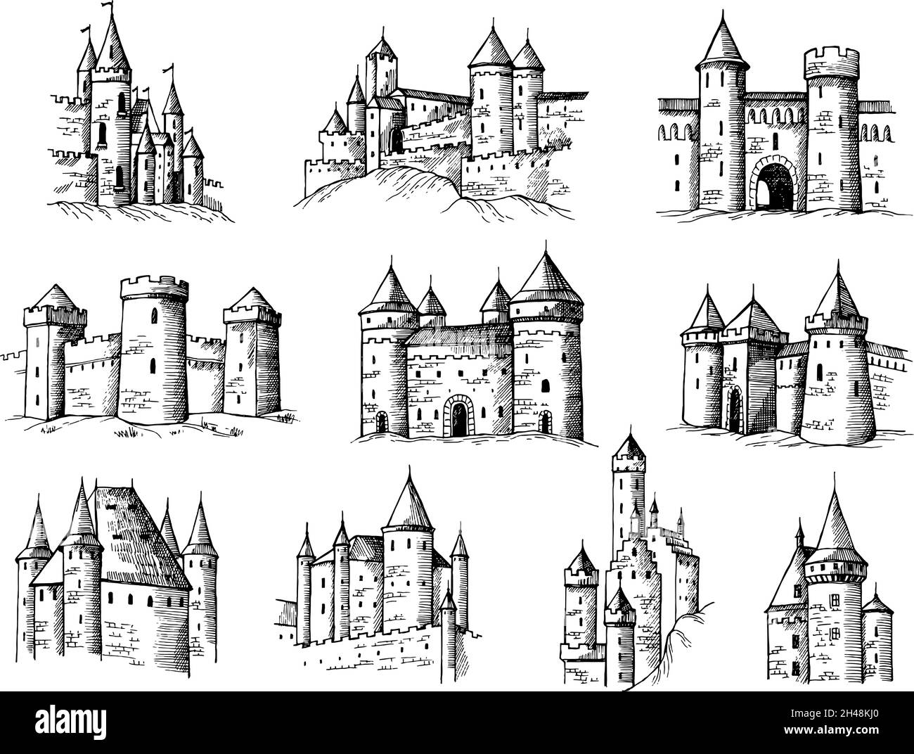 Burgen zeichnen. Mittelalterliche Gebäude alte gotische Türme antike Bauten jüngste Vektor-Burgen Sammlung Stock Vektor