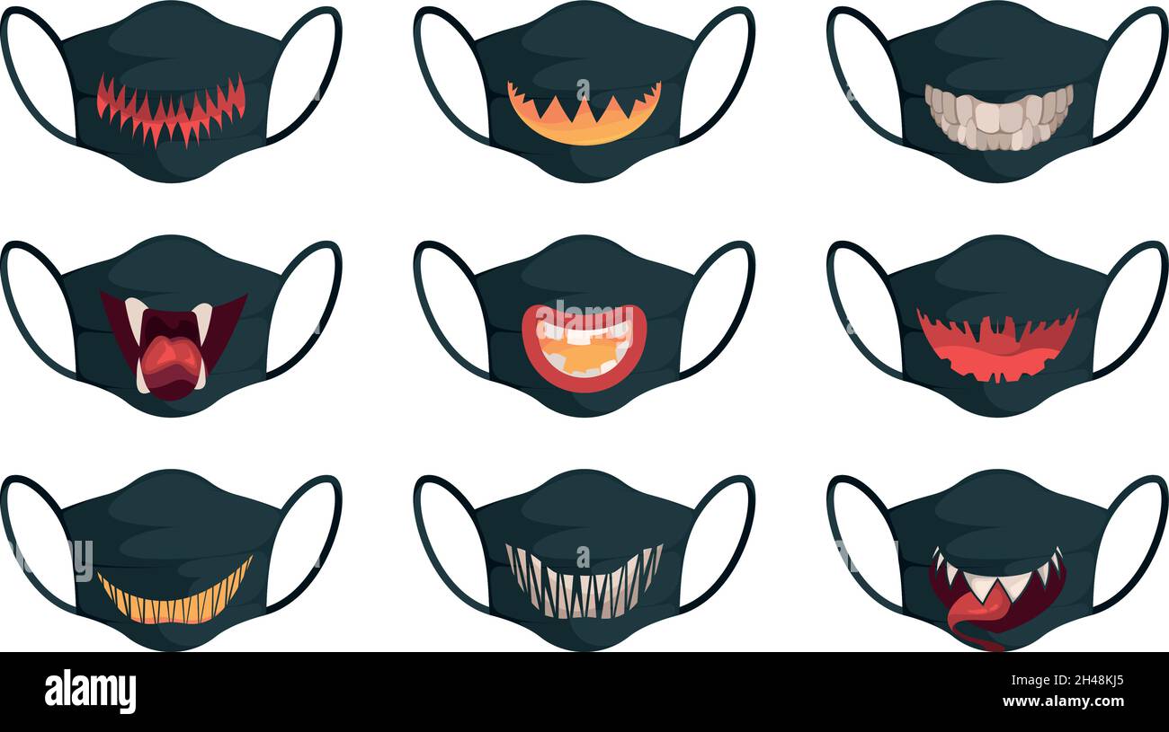 Cartoon gruselige Gesichter. Halloween Schutz maskierte Kürbiszähne grellen Vektor-Set für traditionelle Horror-Party Stock Vektor