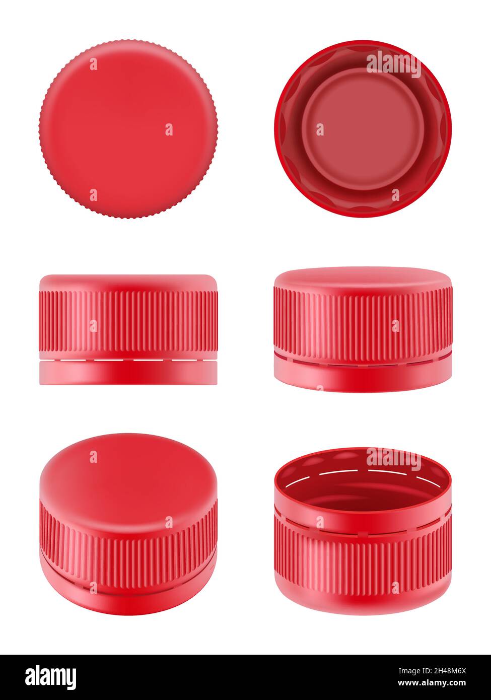 Flaschenverschlüsse. Bunte realistische Kunststoffkappen für Lebensmittelbehälter Polyethylen-Flaschen für Wassergetränke anständige Vektor-Top- und Seitenansichten Stock Vektor