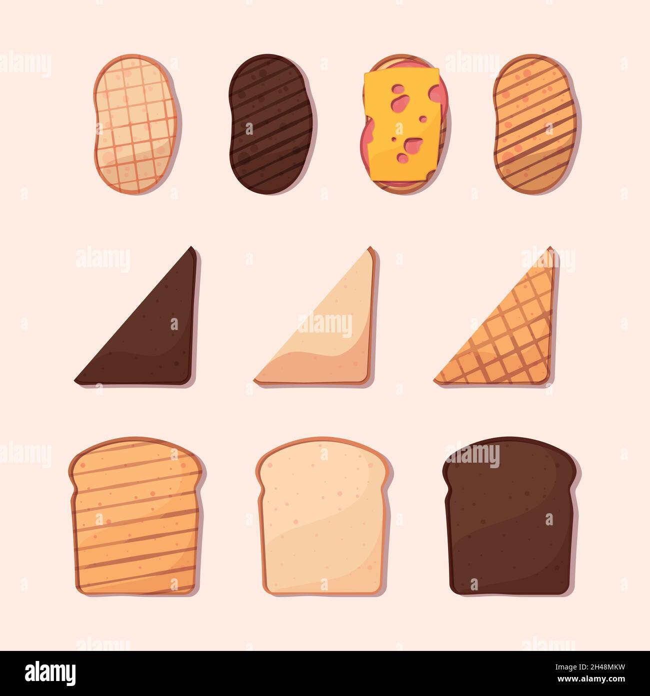 Cartoon-Toasts. Französische Brote frisch geschnitten Kochen köstliche Snacks zum Frühstück grellen Vektor flache Bilder Sammlung Stock Vektor