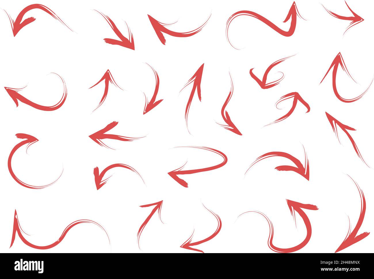 Arrows-Kollektionen. Grunge Graffiti Richtung Pfeile rund und gekrümmt Weg gemalt Linien gezeichnet Kunstwerk grellen Vektor Illustrationen gesetzt Stock Vektor