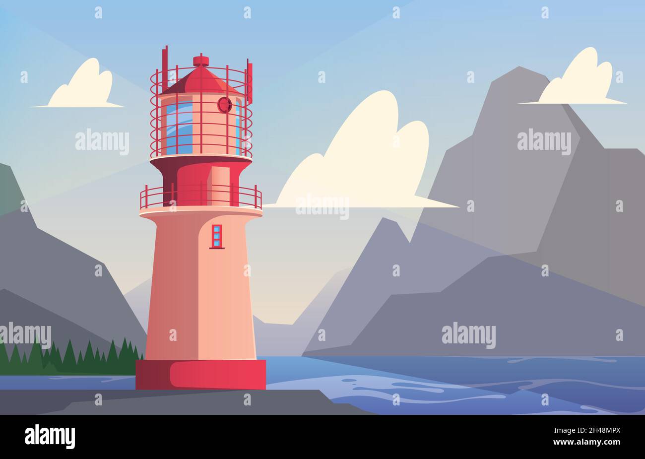 Leuchtturm Hintergrund. Reisen Außenlicht für Seefahrer Leuchtturm für Schiff einfache Navigation im Meer oder Meer grellen Vektor-Cartoon-Landschaft Stock Vektor