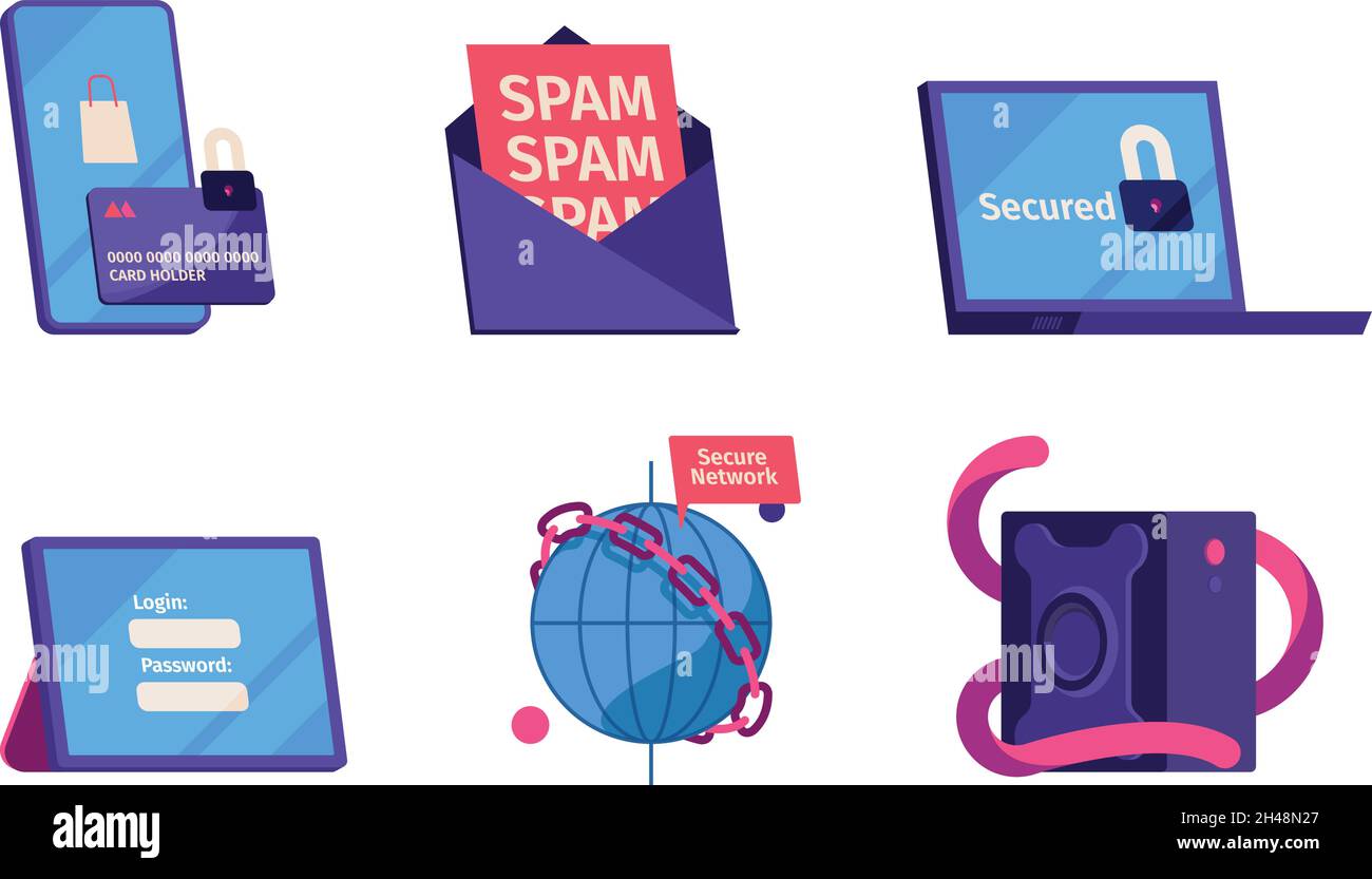 Cybersicherheit. Passwortschlüssel Eingaberahmen sperren sichere Online-Systeme grellen Vektor-Symbole Sammlung Stock Vektor