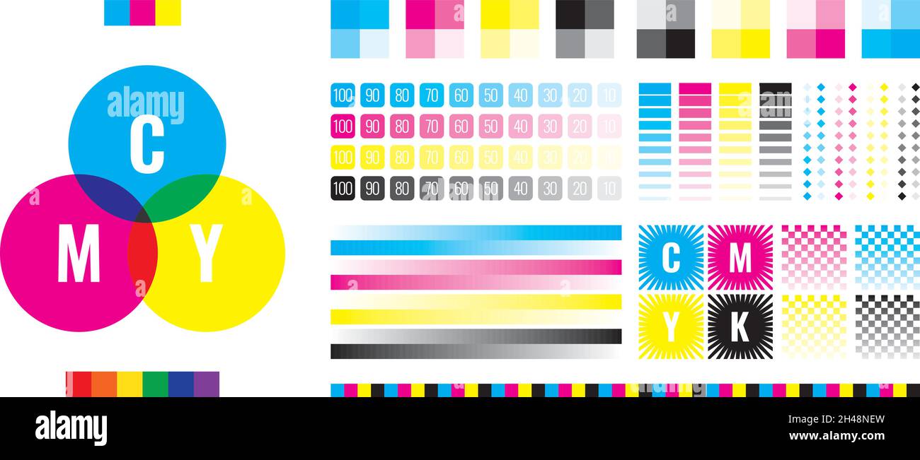 CMCMCMY-Balken. Druckerei Druckmaschinenregistrierung Test Farben Marken Druckerkalibrierung bunte Symbole grellen Vektor Set gelb cyan schwarz und weiß Stock Vektor
