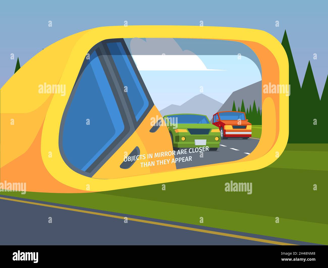 Rückspiegel. Auto Reflexion Seite fahren Symbole im Freien Fahrzeug Sicherheit Spiegel grish Vektor-Illustration in flachem Stil Stock Vektor