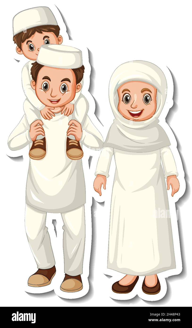 Sticker-Vorlage mit muslimischer Familie Cartoon Figur Illustration Stock Vektor
