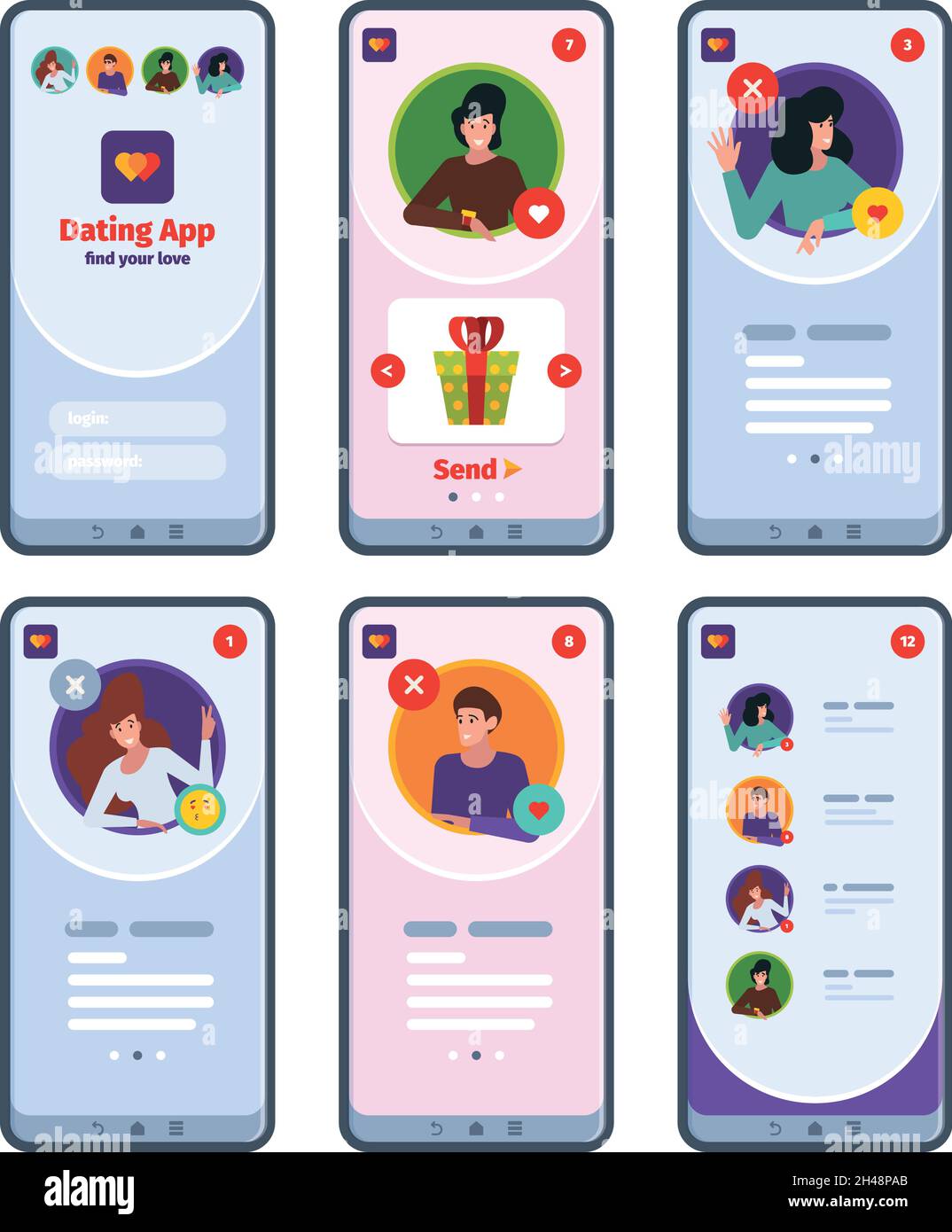 Dating-Apps. Männliche und weibliche Charaktere Internet Chat Talking Smartphone ui für Liebhaber Erwachsene Profil Web-Vorlagen grellen Vektor-Illustrationen Stock Vektor