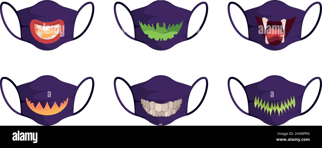 Halloween Maske. Gruselige Gesichter mit Kürbiszähnen orange Nacht traditionelle Feier Teufel Lächeln grellen Vektor Schutz Maske Stock Vektor