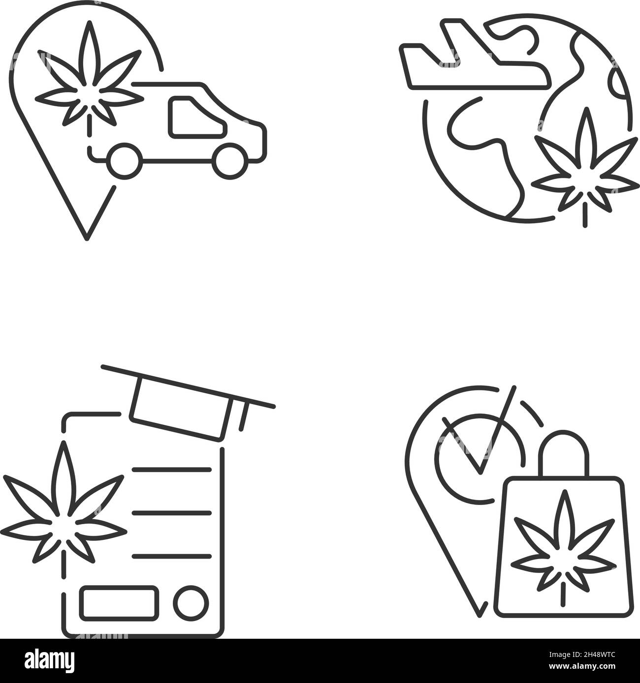 Weltweite lineare Symbole für die Cannabisbranche gesetzt Stock Vektor