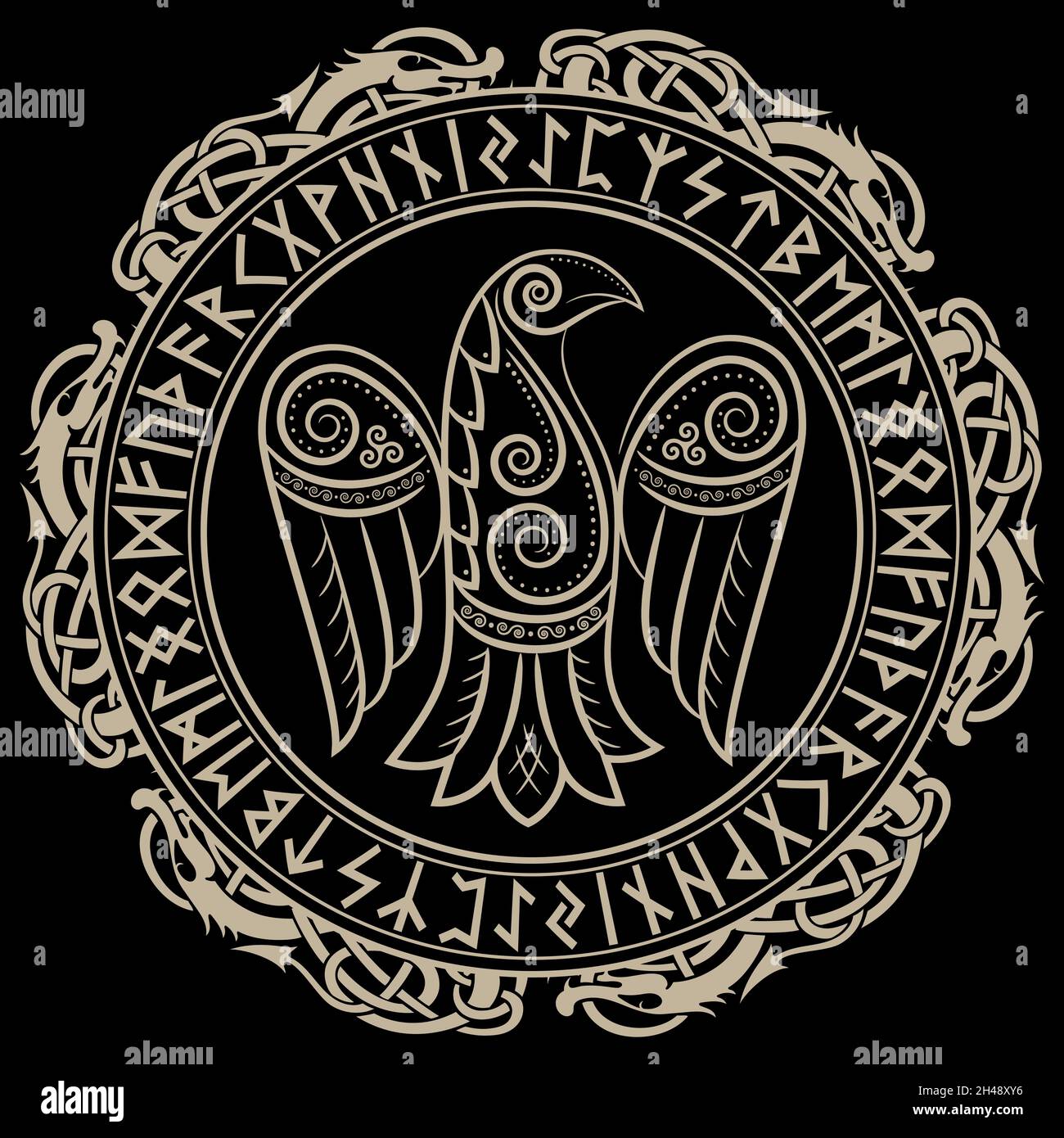 Design von Raven im keltischen, skandinavischen Stil und nordischen Runen Stock Vektor