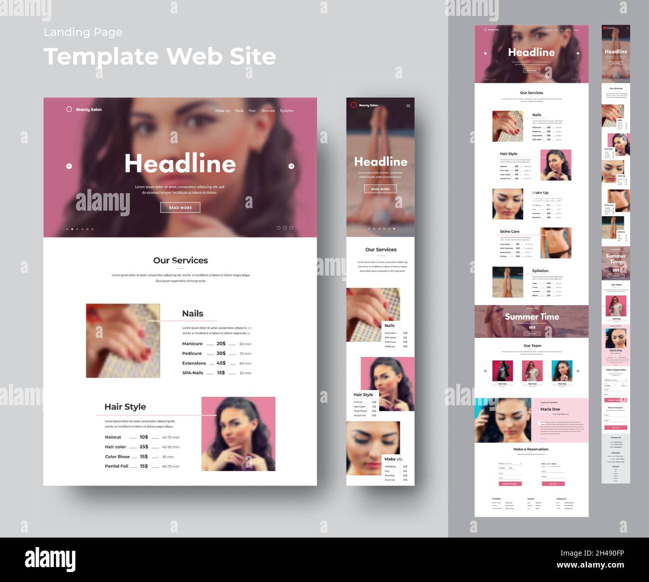 Website-Vorlage für einen Schönheitssalon mit Platz für Fotos. Design für Online-Shop. Eine Reihe von Landing Pages für die Desktop-Version und angepasst für mobi Stock Vektor