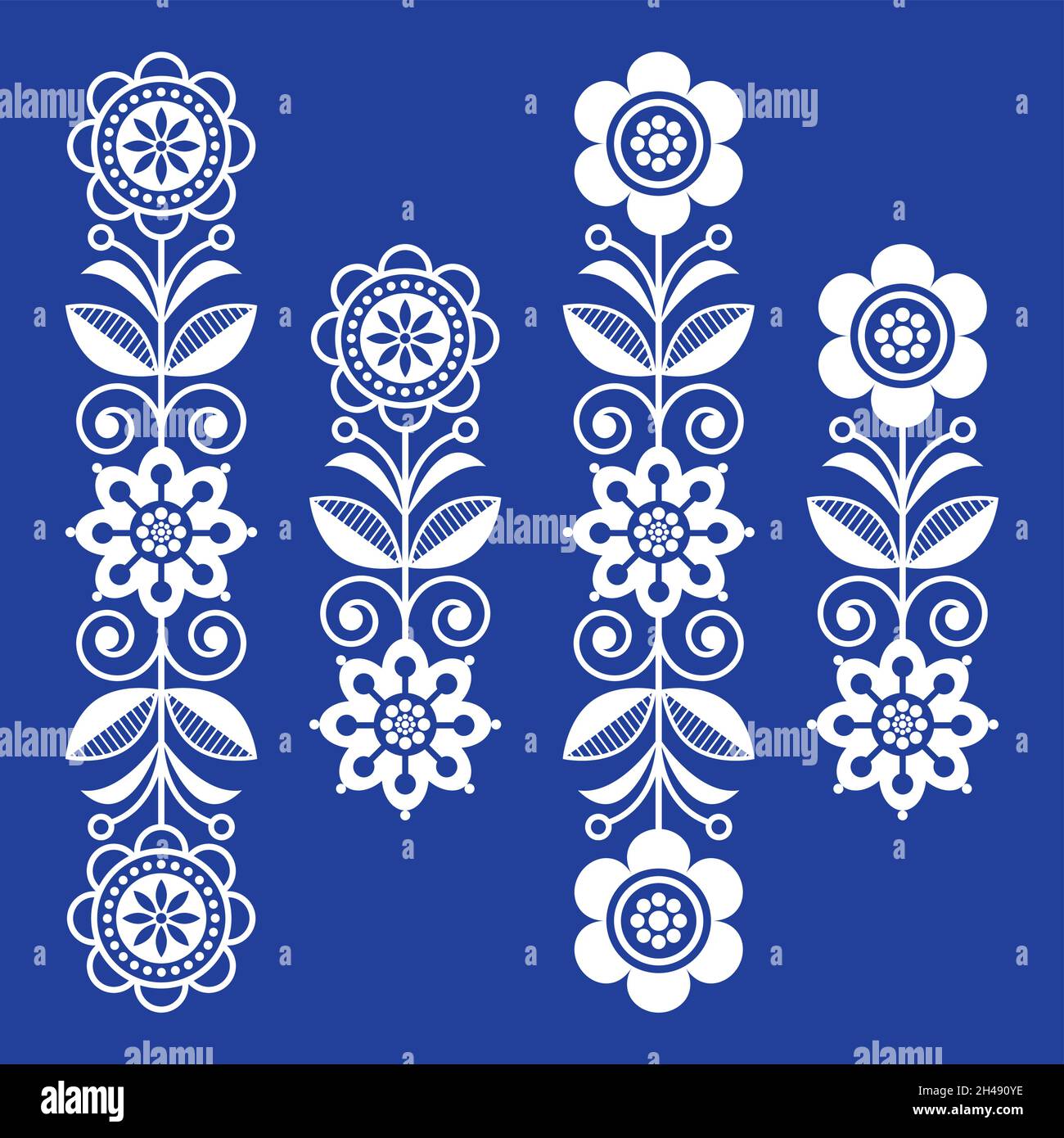 Skandinavische florale Designelemente, Volkskunstmuster - weiße lange Streifen auf marineblau Stock Vektor