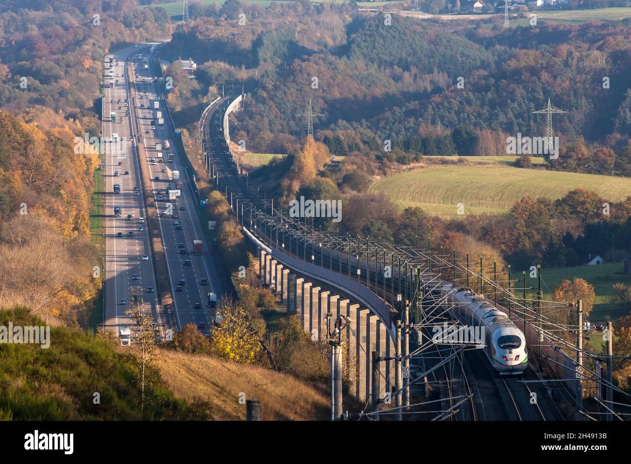 hochgeschwindigkeitszug ICE 3 der Deutschen Bahn AG auf der Hochgeschwindigkeitsstrecke von Frankfurt nach Köln, Autobahn A3, Hallerbachtalbrücke, Neustadt Wied, Rhein Stockfoto