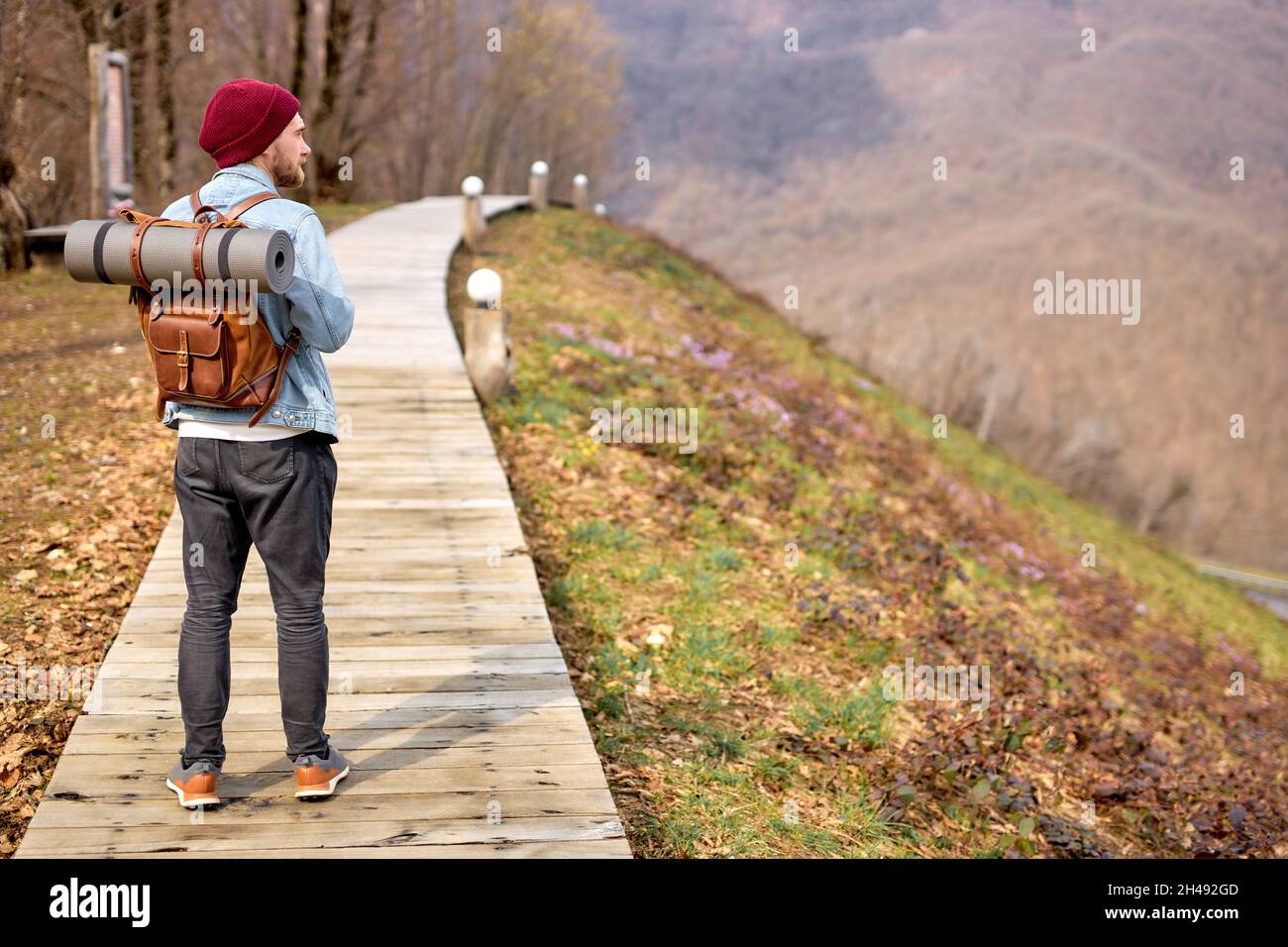 Rückansicht Des Hipster Traveler Male In Legerer Kleidung Alleine In Der Natur Entlang Des Holzpfades, Blick Von Hinten. Junger Kaukasischer Kerl mit Rucksack i Stockfoto