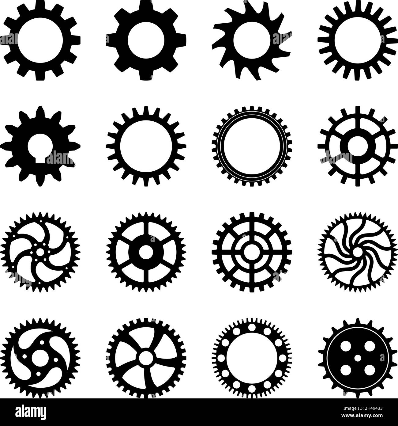Zahnrad oder Zahnrad auf isoliertem weißem Hintergrund eingestellt. Sammlung von verschiedenen Arten von Zahnrädern in schwarz. Stock Vektor