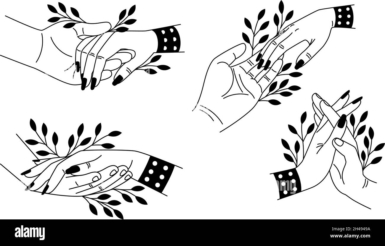 Halten Sie zwei Hände fest. Cartoon romantische Symbole der Beziehungen, Konzept der Begegnung von Liebenden, Vektor-Illustration der fürsorglichen Berührung der Palmen auf weißem Hintergrund isoliert Stock Vektor