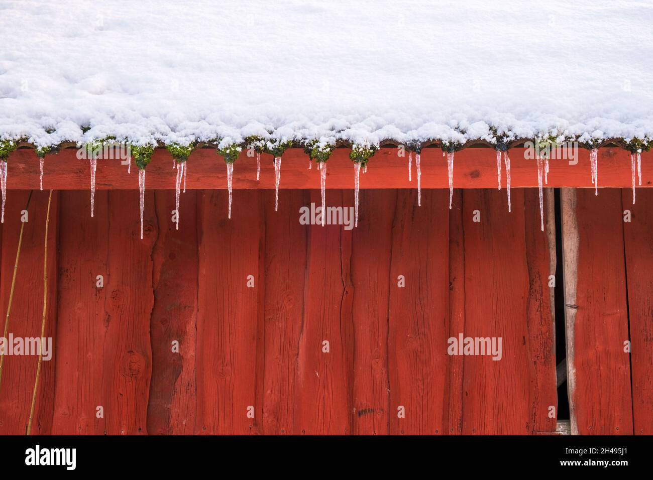 Eiszapfen, die mit Schnee von einem Dach hängen Stockfoto