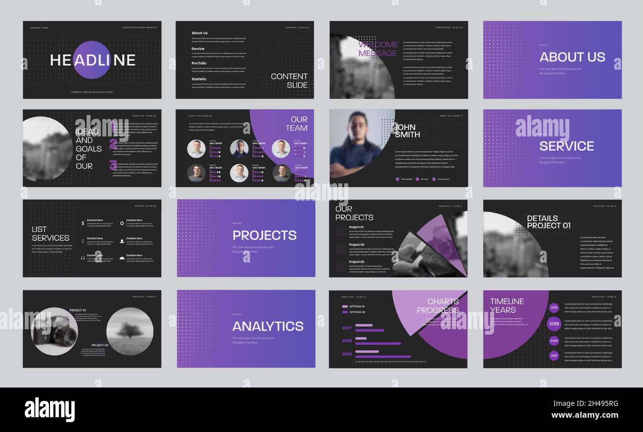 Satz schwarzer Vektor-Diavorlagen mit violetten Kreisen und Fotos für den Jahresbericht und die Präsentation von Web-Folien für das Marketing. Infograph Stock Vektor