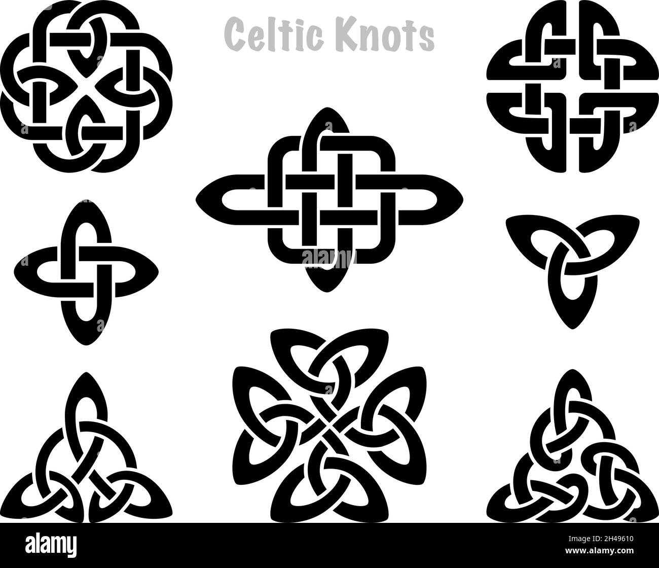 Keltische Knoten Silhouetten. Irische Knoten Symbole, Celt drei trintiy endlos verknotete Form Vektor-Symbol, unendliche Geist Einheit Symbol, heidnischen Stammes Symbolik Grafiken isoliert auf weiß Stock Vektor
