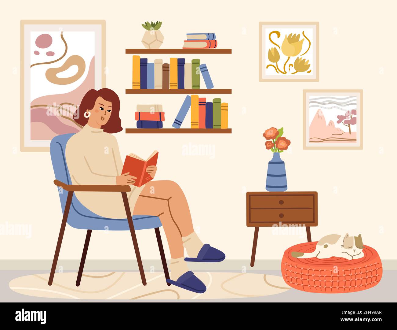 Frau liest Buch. Skandinavisches Interieur, Bücher lesen und entspannen. Gemütliches Wohnzimmer, Mädchen sitzt im Stuhl und Katze Vektorkarte Stock Vektor