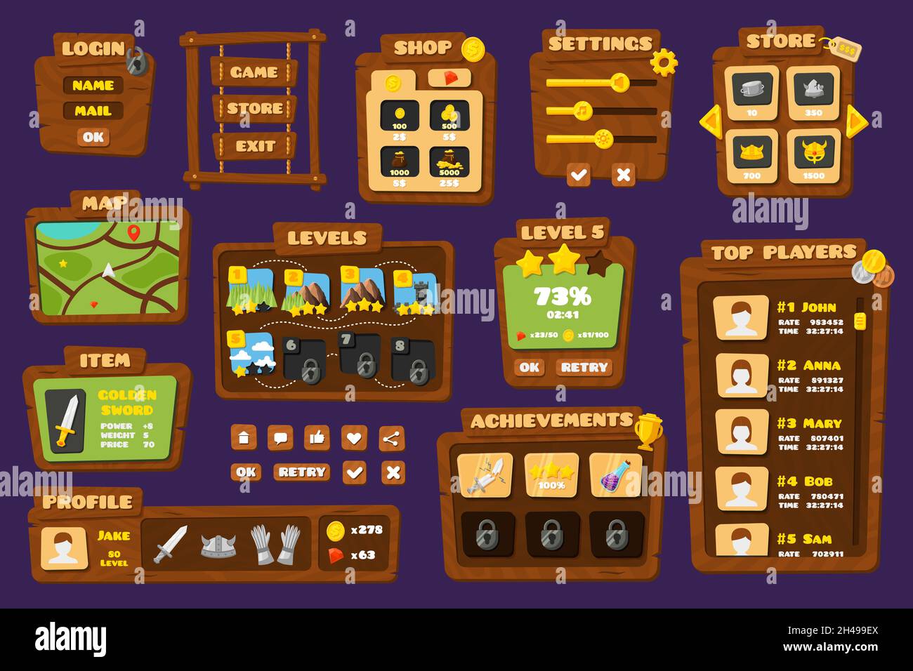 UI-Spielschaltflächen. Gaming-Kit-Panels und -Tasten, Spiele-App-Elemente. Mobile Play Store-Schnittstelle, Begrüßungsbildschirm und Benutzer-Avatare aktuellen Vektor-Set Stock Vektor