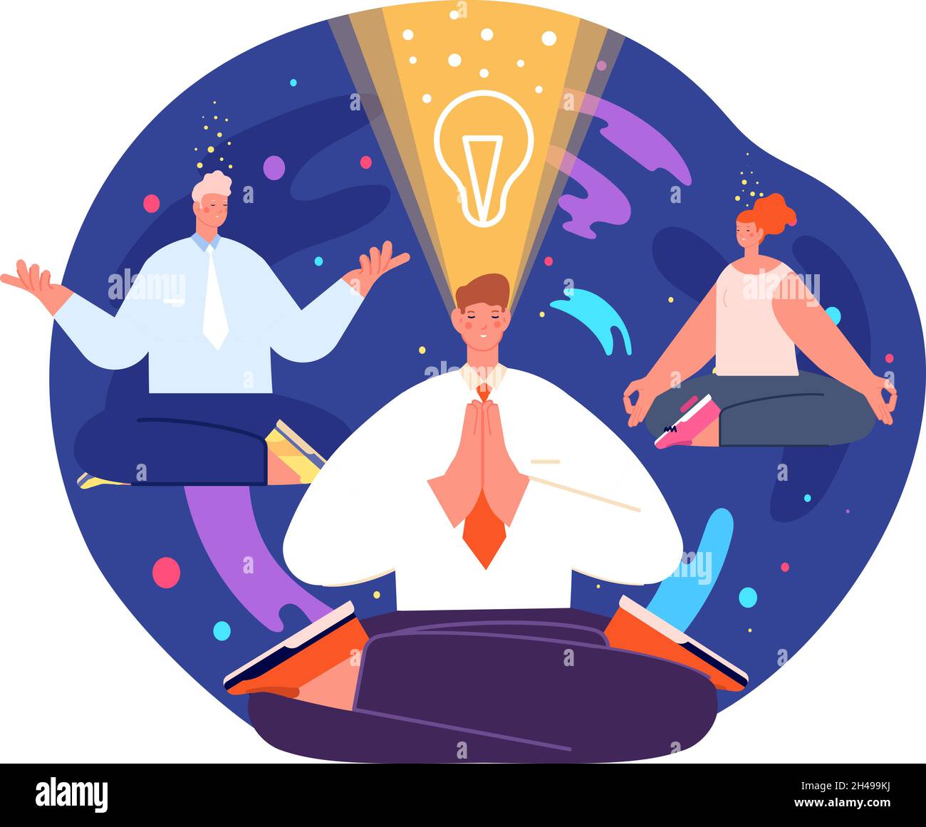 Business-Meditationsprozess. Levitation Büro Frau in Yoga-Pose, Geist Gesundheit Wohlbefinden. Starten Sie ein neues Projekt oder Ideen Geburt Utter Vektorszene Stock Vektor