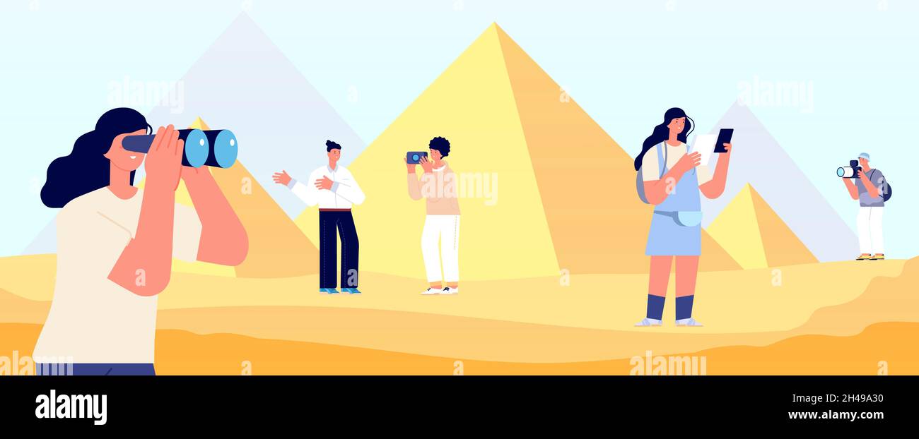 Ägyptische Reisende. Menschen und Pyramiden, Tourismus und Urlaub. Mann Frau aussehen und machen Fotos, Trekking-Tour in Wüste Vektor-Illustration Stock Vektor