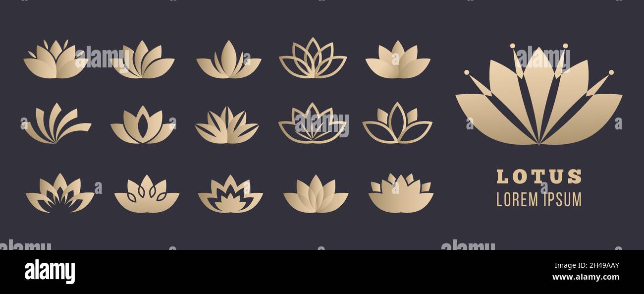 Lotus-Logo-Set. Symbole für Yoga-Meditation, Wohlbefinden und Entspannung. Goldene einfache Blumen, Gesundheits- und Lifestyle-Vektor-Symbole Stock Vektor