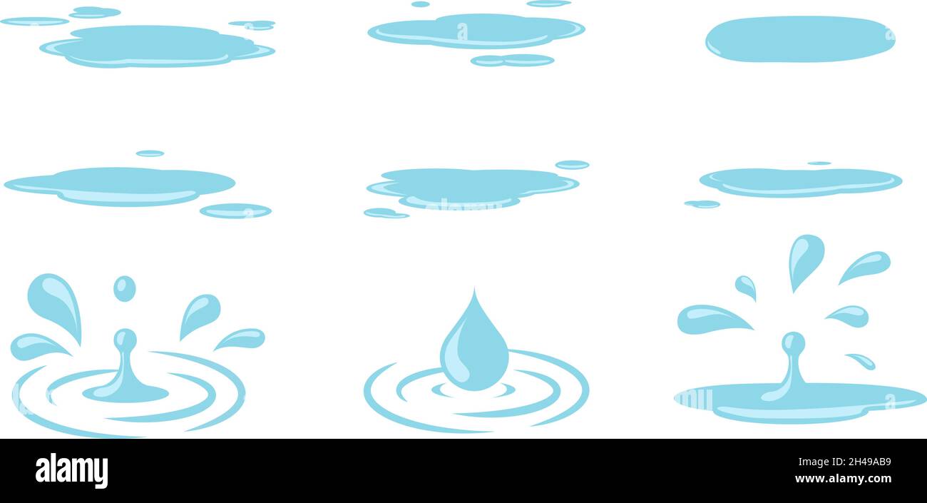Pfütze und Tropfen. Wassertropfen, isolierte Pfützen Cartoon-Elemente. Herbst Frühling Wetter eingestellt, Tränen oder regen Vektor gesetzt Stock Vektor