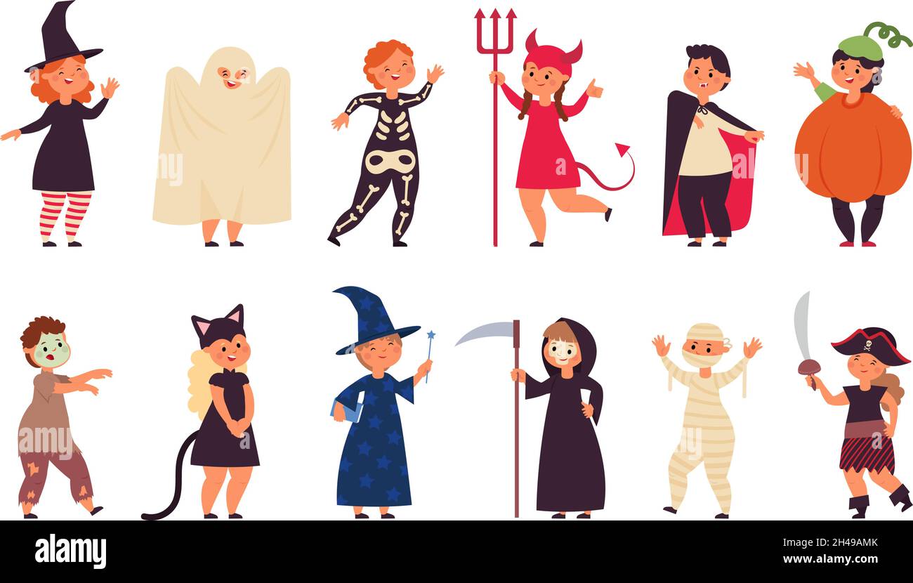 Halloween Kostüme Kind. Kostüm Gruppe Kinder, Kinder Feier Partei. Zombie-Kind, Pirat kleines Mädchen und lustige Lächeln Skelett anständigen Vektor-Set Stock Vektor