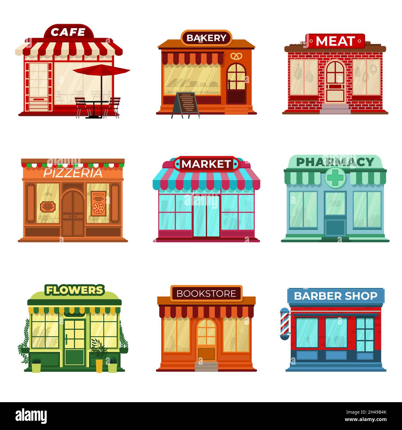 Ladengebäude kaufen. Außen am Markt, abgelegene Symbole für Gebäude kleiner Unternehmen. Supermarkt, Bäckerei Restaurant oder Café Wohnung aktuellen Vektor-Set Stock Vektor