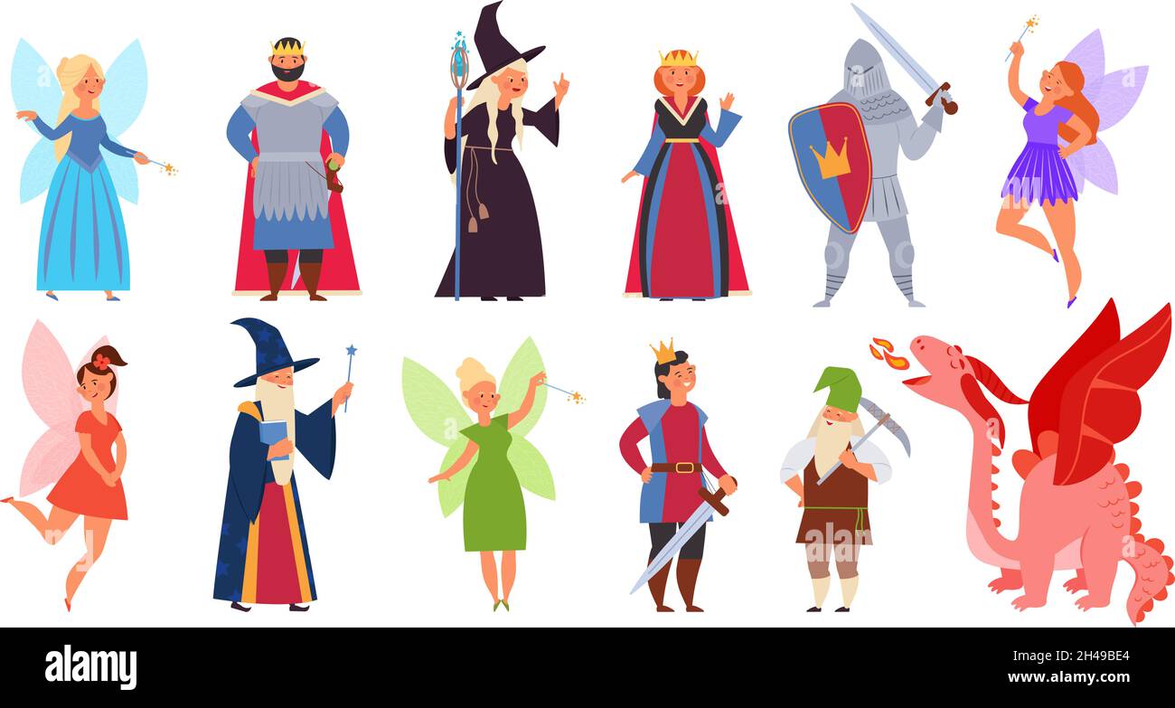 Märchenhafter Clipart. Mittelalterliche Zauberer Charaktere, Cartoon Fee Mädchen Drachen und Fantasy-Zauberer. Halloween Kleidung, Kind Buch Geschichte anständig Vektor-Set Stock Vektor