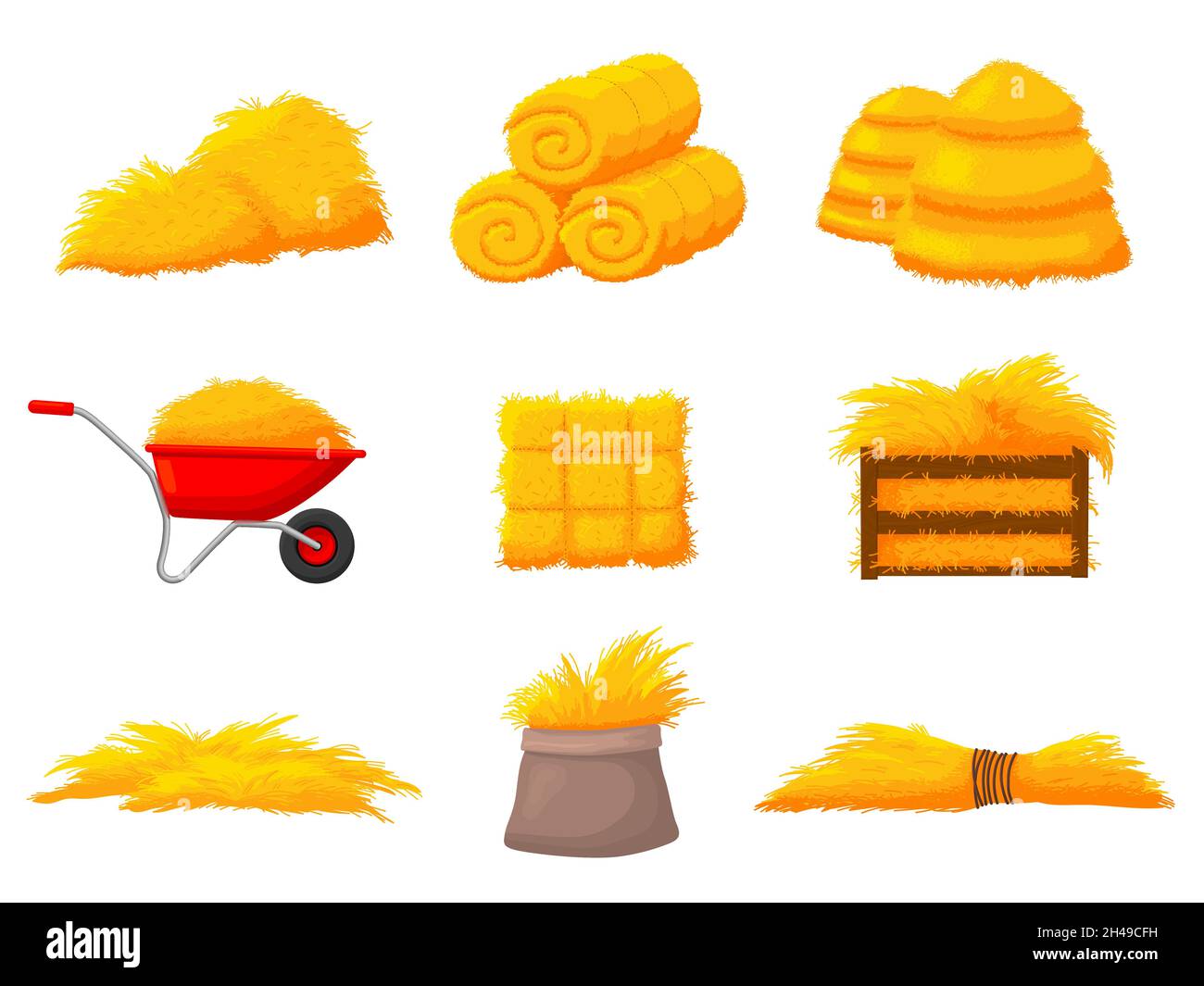 Haystacks. Ernte Heuhaufen Stroh, natürliches Heu. Herbstlandwirtschaft, Farmernte und Weizenhaufen in Holzkiste. Isolierter Heuloft, letzter Vektorsatz Stock Vektor