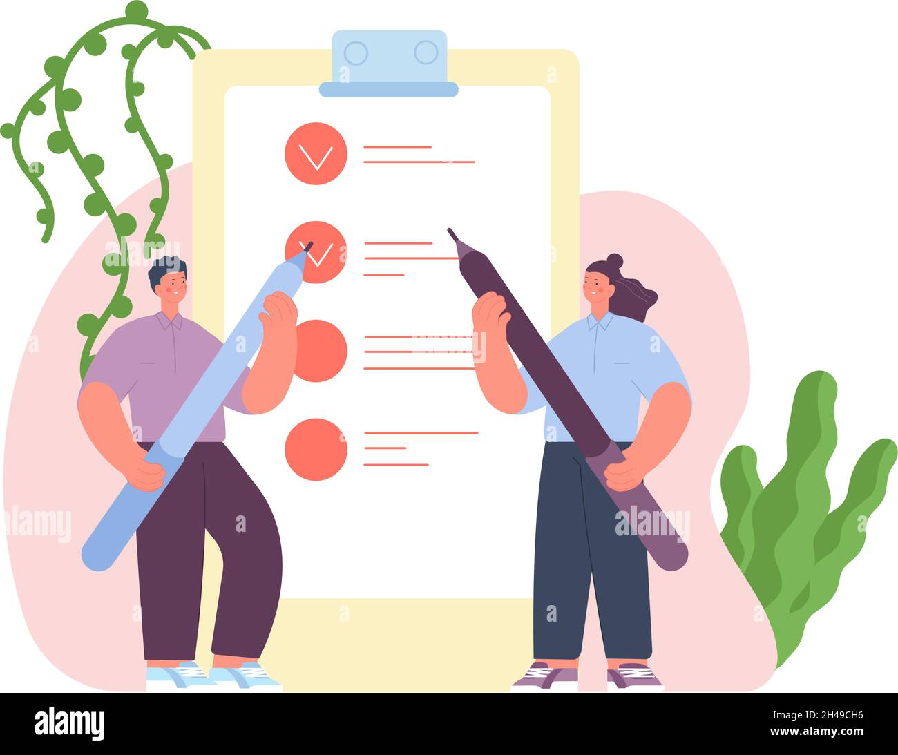Checkliste für Geschäftsleute. Kerl halten Stift, Umfrage oder Bericht. Geschäftsleute und Zwischenablage mit Aufgaben, erfolgreich Zeitmanagement Utter Vektor-Konzept Stock Vektor