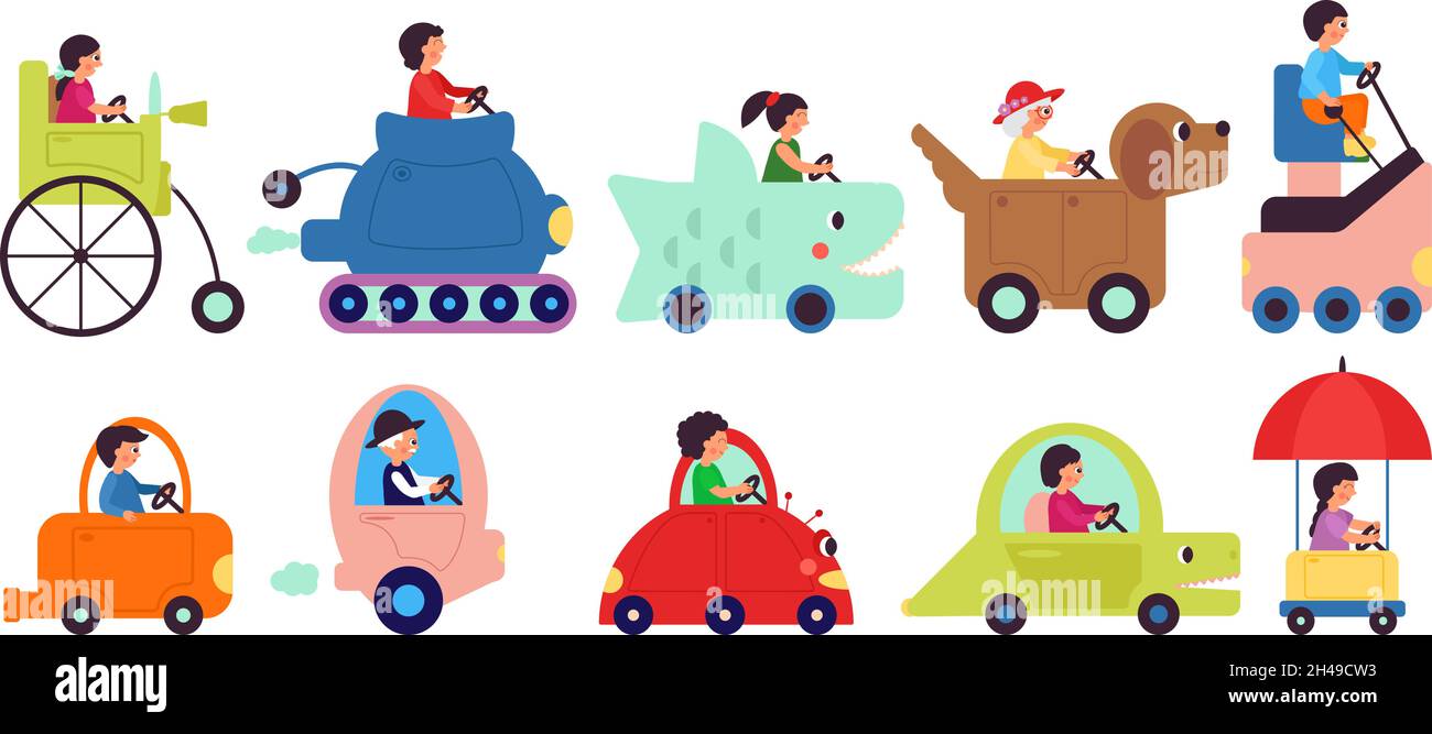 Zeichentrickfilm Kindertransporte Figuren. Menschen fahren Fahrzeug, glücklich Reiten. Kindisch niedlichen Transport, isoliert lustige Lieferung oder logistische anständig Stock Vektor