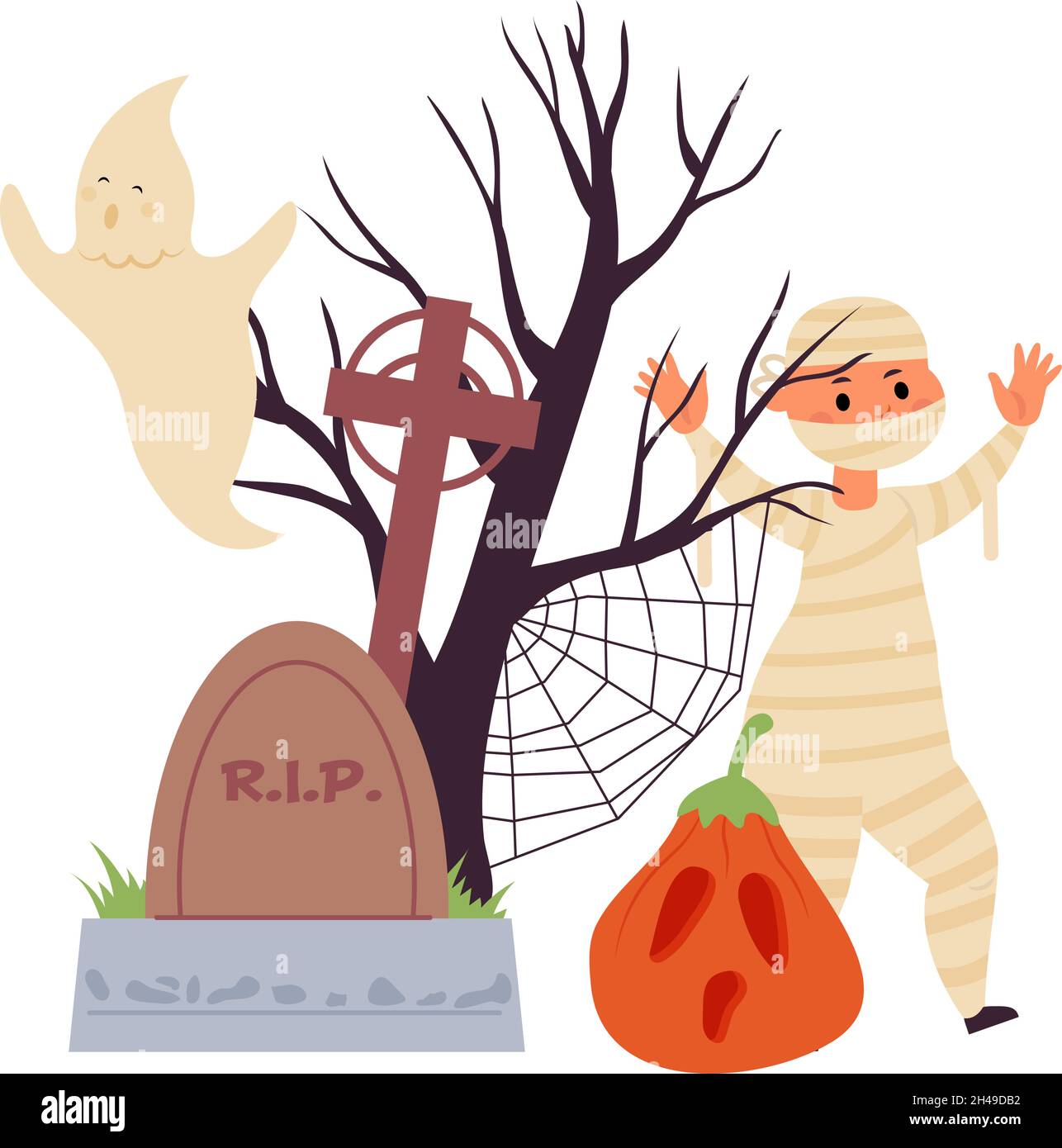 Halloween Cartoon-Szene. Niedliches Zombie-Kind, gruseliger Geist und Baumsilhouette. Herbst gruselige Kürbislaterne auf dem Friedhof, Vektorgrafik Stock Vektor