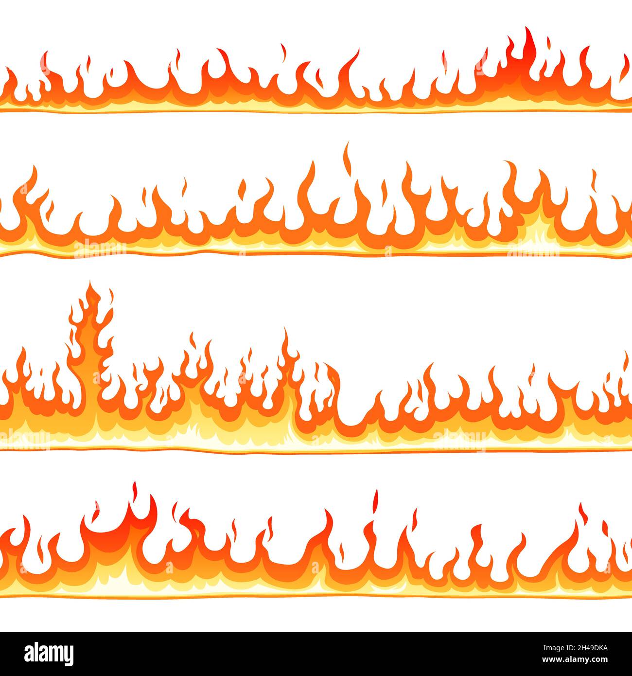 Feuer nahtloses Muster. Cartoon-Flammen, heiße Flammen Grenzen Linien. Höllenelemente, isoliertes Lagerfeuer oder Feuer. Flacher Comic flaming letzten Vektor Hintergrund Stock Vektor