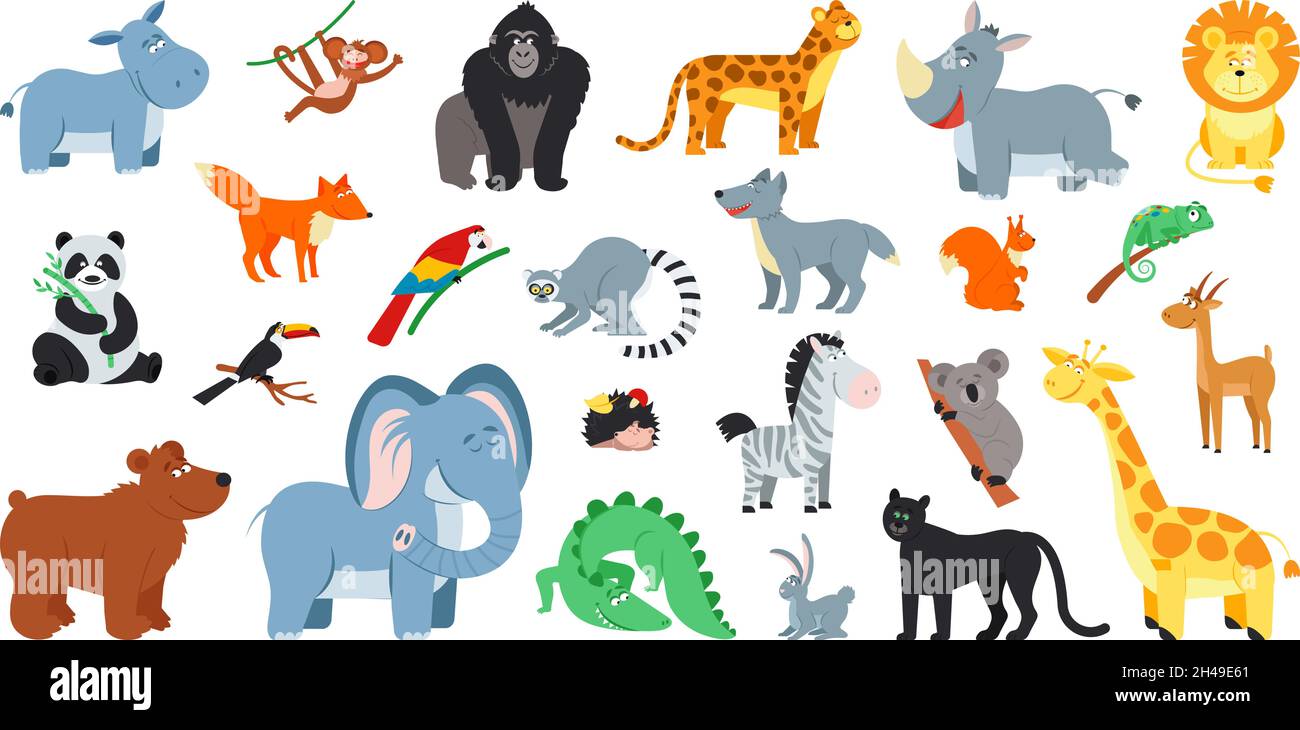 Exotische Waldtiere. Niedliche Cartoon Tier Zoo Leben, Zebra Fuchs Bär. Wilde Safari, Comic Kinder Elefant Panda und verschiedene afrikanische anständige Vektor Stock Vektor