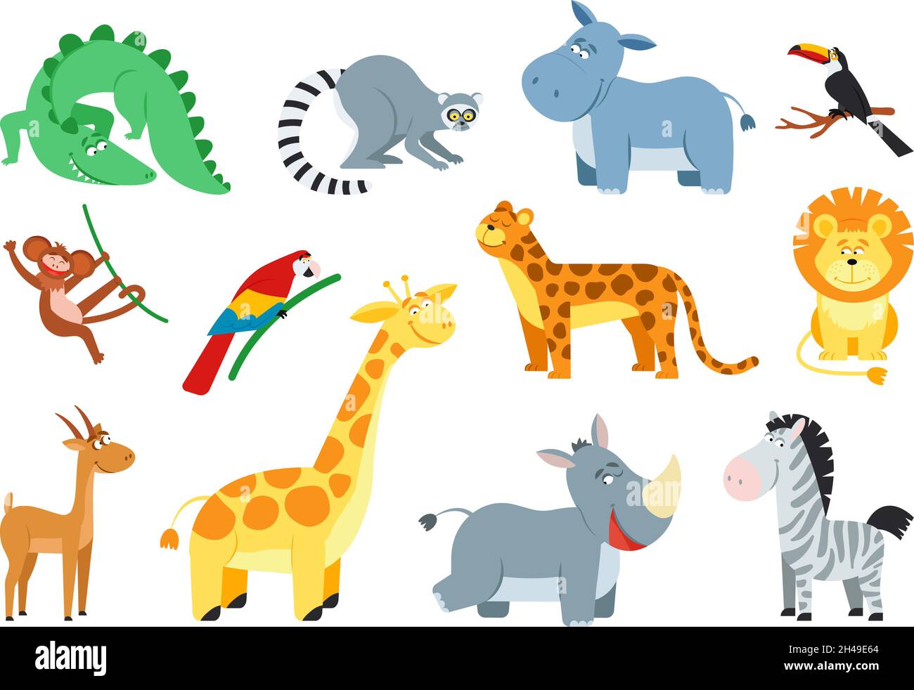 Niedliches Dschungeltier. Cartoon afrikanische Tiere, Affen Zebra Löwe. Safari Baby Kind Zoo, Savanne Tierwelt. Isolierte flache exotische anständige Vektorzeichen Stock Vektor