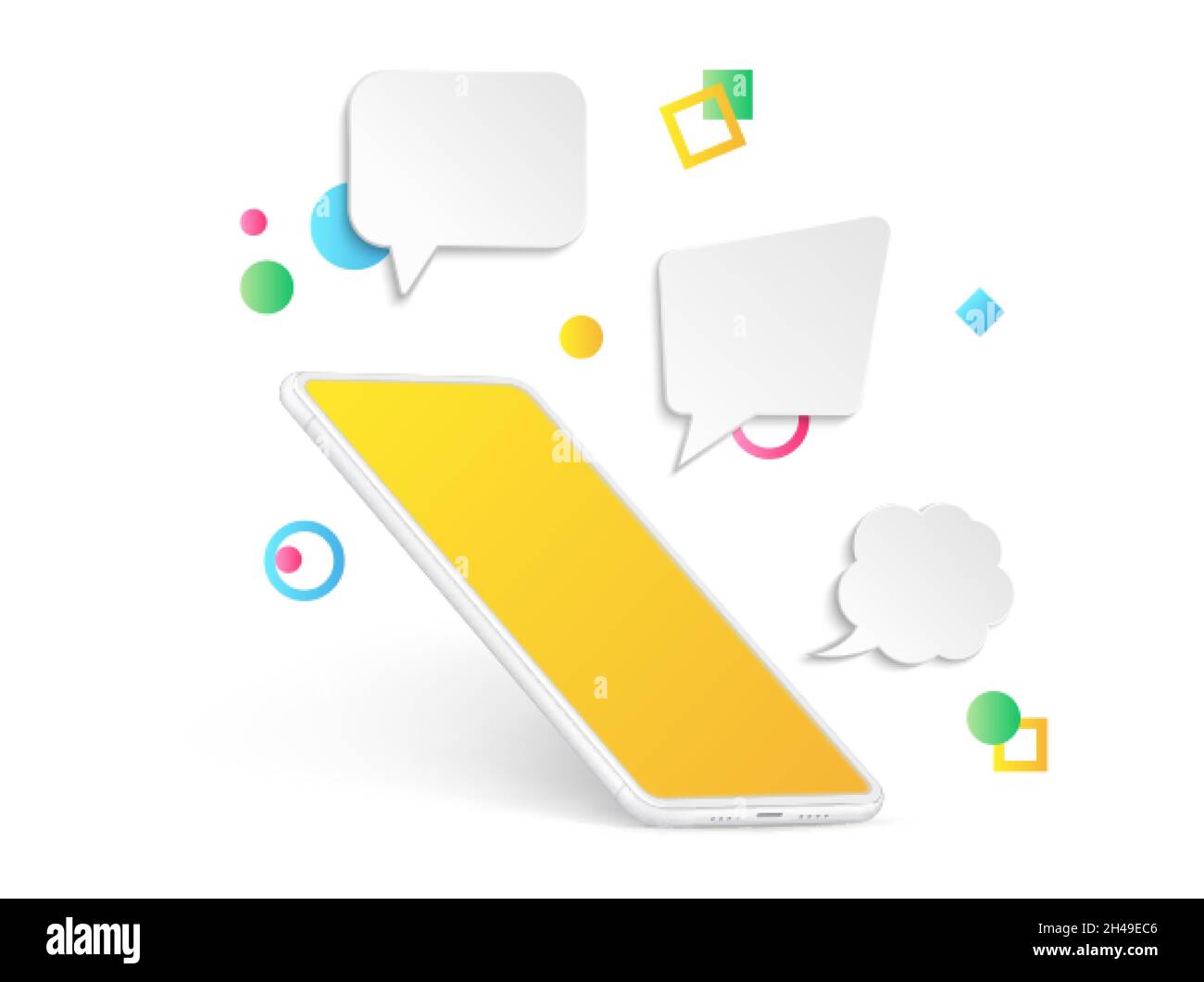 Leeres Smartphone mit Nachrichtenblase. Kommunikation realistische Gadget Mockup, Telefon-Chat oder Konferenz. 3D-Mobil mit dekorativen geometrischen Formen Stock Vektor