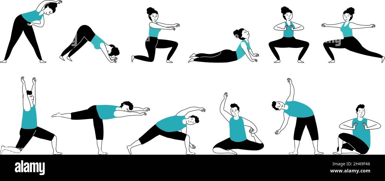 Yoga-Workout. Muskeltraining, Stretching-Aktivitäten. Isoliert starke Sport Mann Frau, gesunde Lebensweise. Körperfitness Posen, anständiger Vektor Stock Vektor