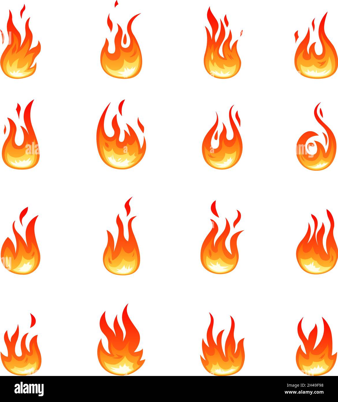 Cartoon-Feuer-Symbole. Orangefarbene Blaze-Symbole, Flammensymbole. Isoliertes Lagerfeuer, brennendes Lagerfeuer. Entflammbar, Gefahrenwirkung oder Zündquelle vor kurzem Stock Vektor