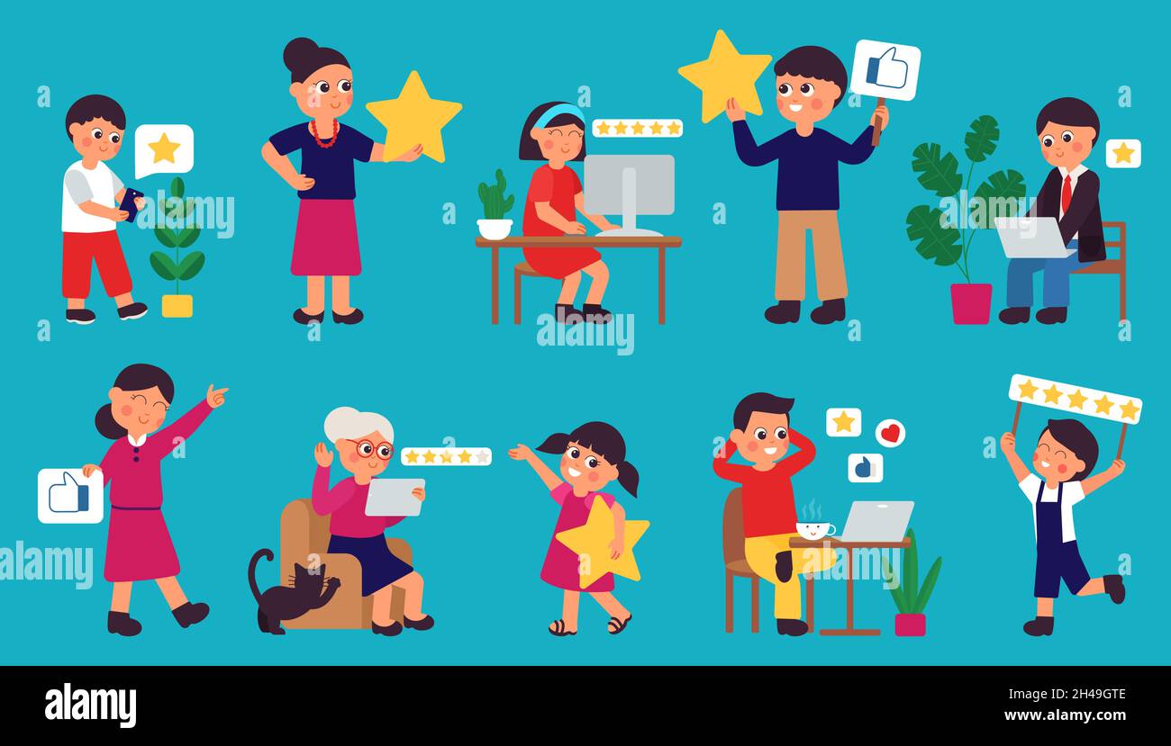 Kunden mit Stars. Gute Bewertung, Bewertung Sterne für App oder Service. Kundenfeedback, Mitarbeiterzufriedenheit. Cartoon-Zeichen bewerten anständige Vektor-Set Stock Vektor