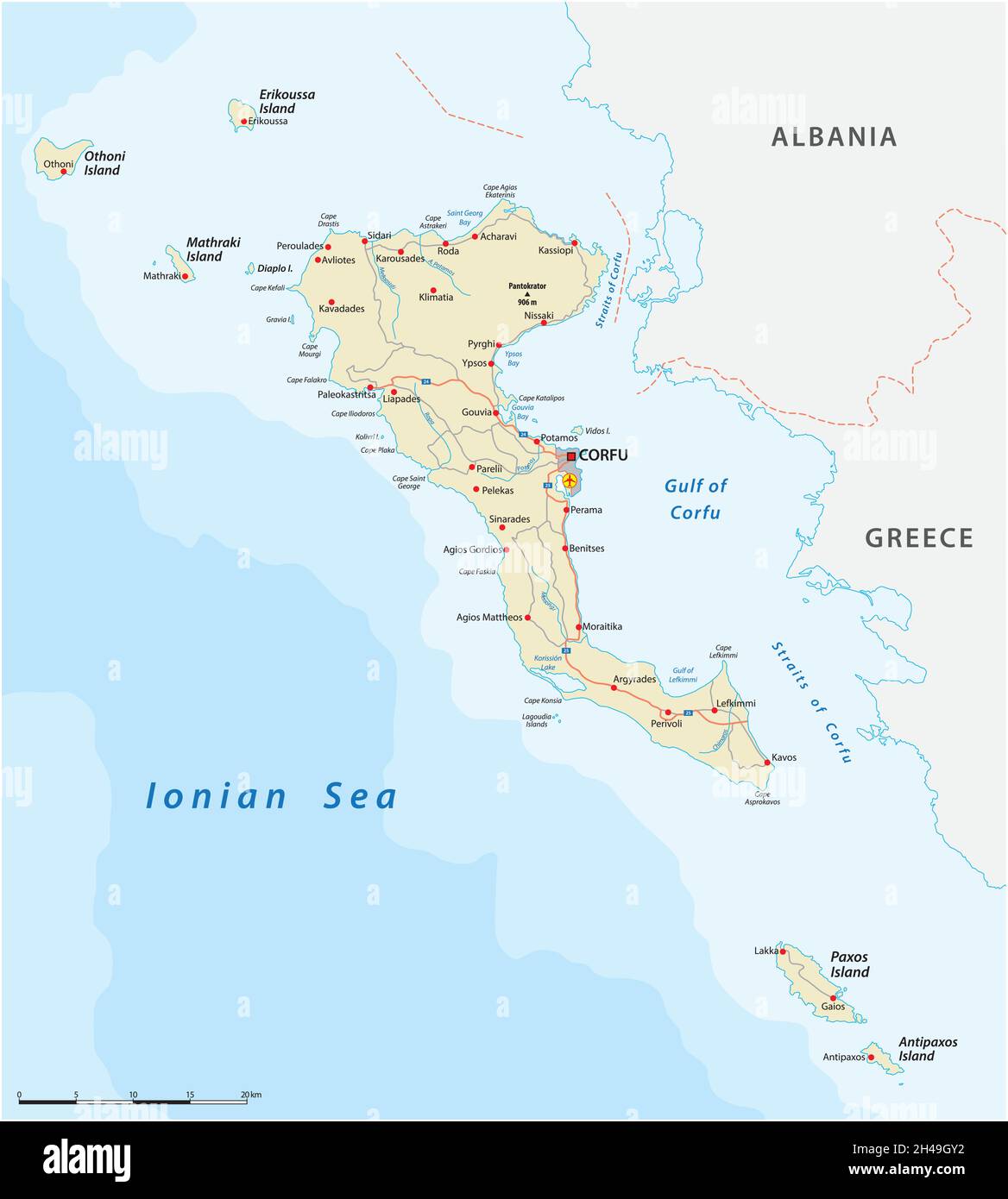 Vektor-Straßenkarte der ionischen Insel Korfu, Griechenland Stock Vektor