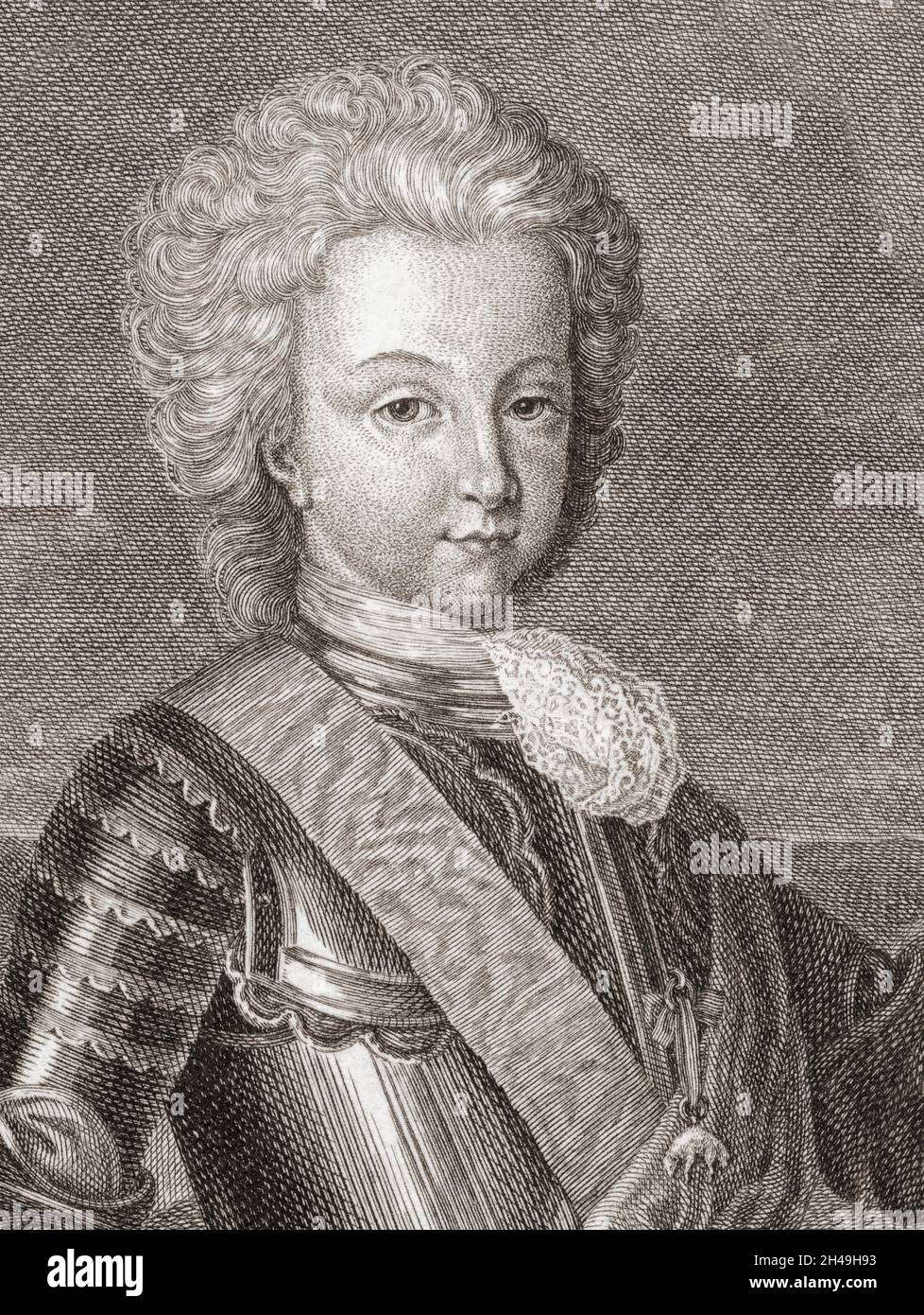 König Luis I. von Spanien, als der Prinz von Asturien. Luis Felipe, 1707-1724. Bekannt als el Bien Amado, der geliebte, oder el Liberal, der Liberale, wurde er der kürzeste regierende König in der spanischen Geschichte und starb nur sieben Monate nach seiner Herrschaft an Pocken. Aus einem Stich von Bernard Picart aus dem 18. Jahrhundert nach einem Werk von Rene Vialy. Stockfoto