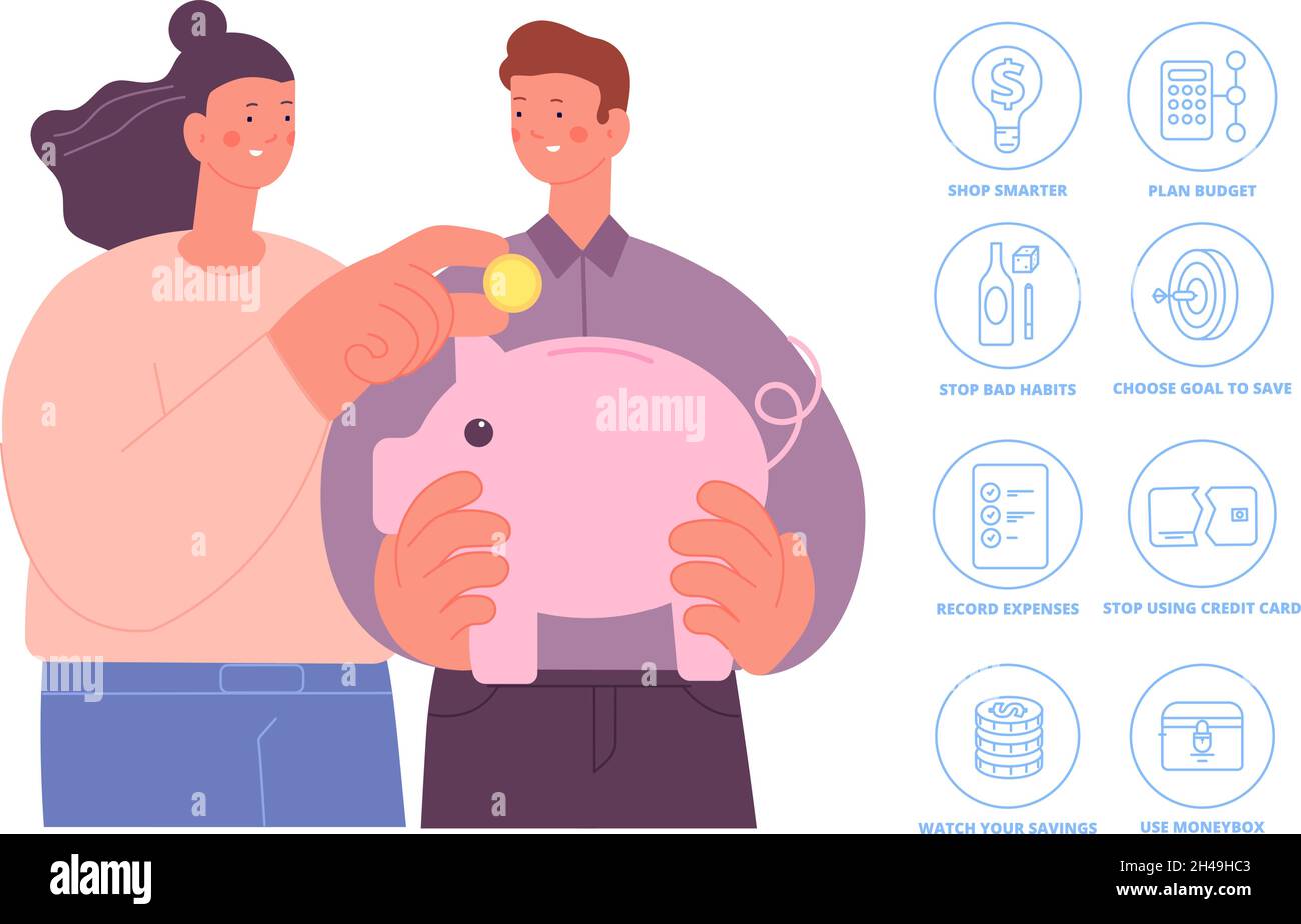 Sparen Sie Geld. Infografik zu Kosteneinsparungen, Sparfinanzierung. Budgetplanung, Pig gesparte Geld. Gehälter Plan und Geld-Management-Utter Vektor-Konzept Stock Vektor