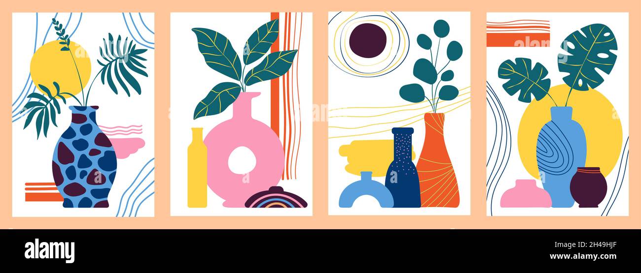 Poster mit abstrakten Vasen. Vasenformen, Kunst minimal Karten mit Blumen und tropischen Pflanzen. Zeitgenössische Natur Banner, Ästhetik dezente Vektor-Hintergrund Stock Vektor