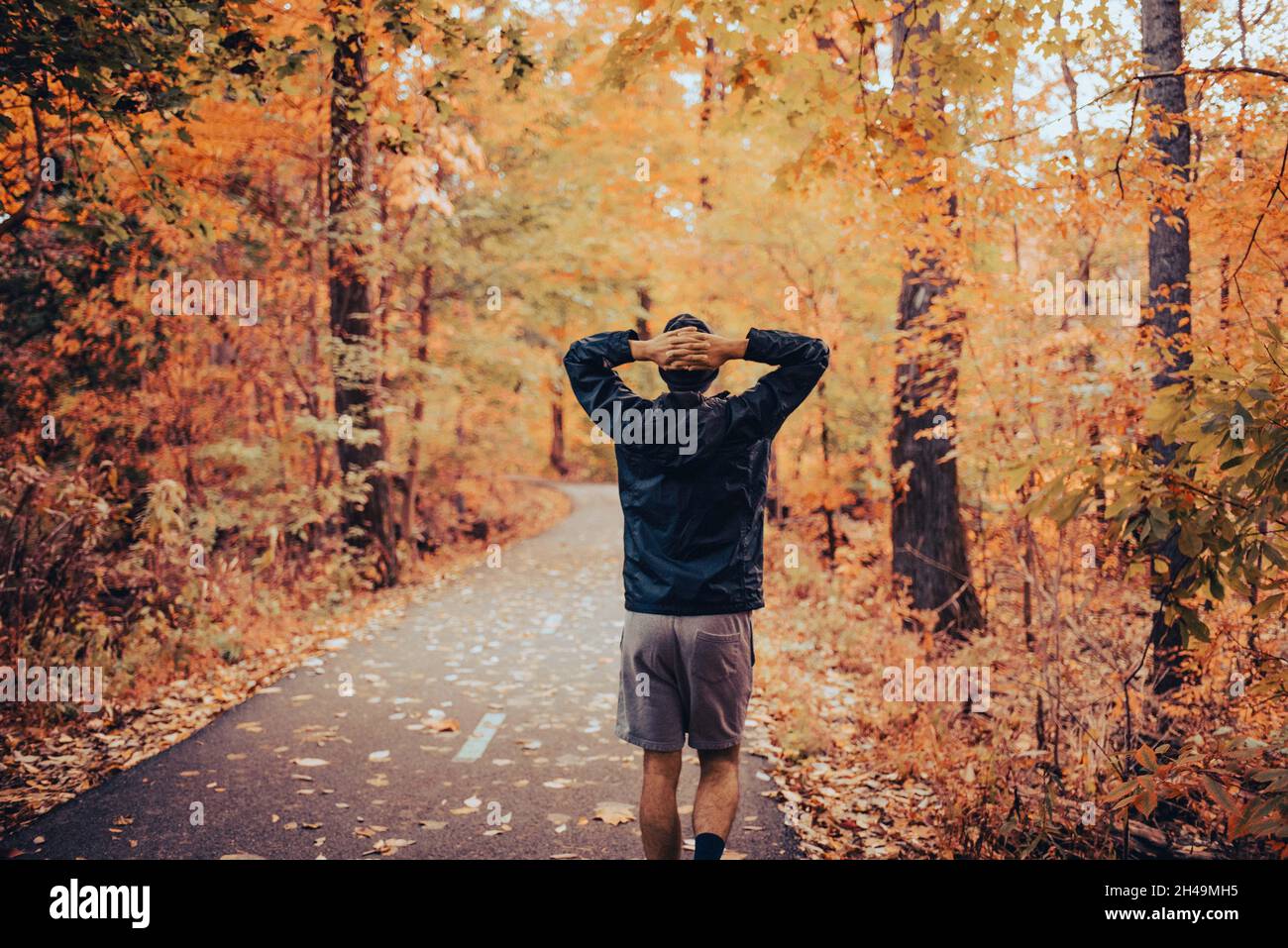 Der junge Mann mit gemischter Rasse streckt sich im Herbst nach einem Joggen im Park. Senkung der Herzfrequenz nach einem Cardio-Training, Ruhe und Erholung nach dem Laufen Stockfoto