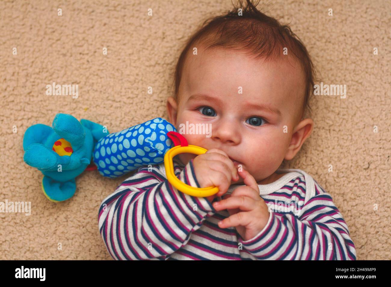 Zwei Monate alter kleiner Junge spielt Babyspielzeug Stockfoto